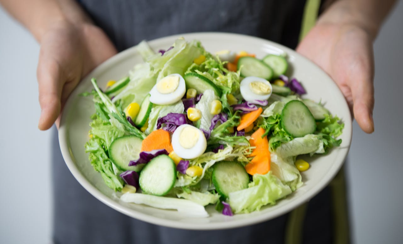 why-choose-us Freshly prepared salad with cucumber, lettuce, carrots, and egg slices presented on a plate.